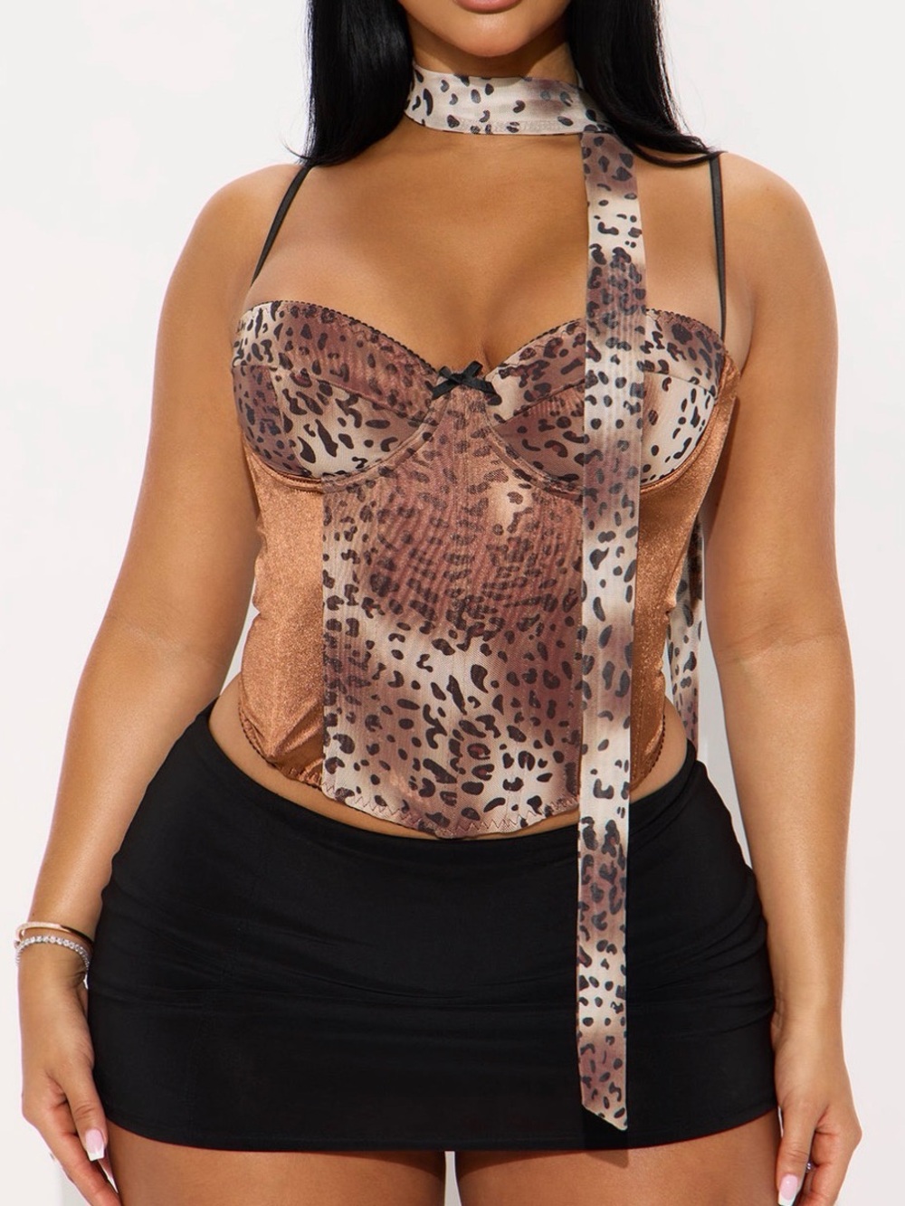 Leopard Satin Corset Top with Scarf - Brown